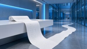 Long unfurling paper scroll cascading across a cool blue modern reception desk next to a thin short note — metaphor for overlong AI replies versus a short clear one.