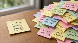 Sticky note saying just a quick tweak next to a pile of more request notes