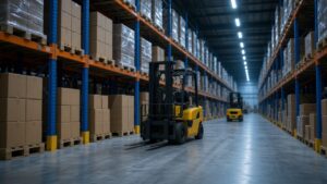 Cool-toned warehouse aisle with yellow forklifts and tall racking — metaphor for floor stocktake vs desk confirmation.