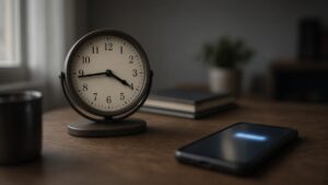 Desk clock near 4:45 with a phone notification, late Friday afternoon