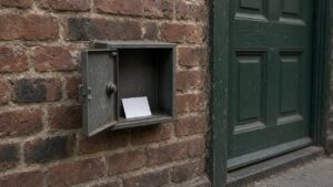 Open empty wall lockbox on a brick wall by a shop door — metaphor for a site handover with no logins.