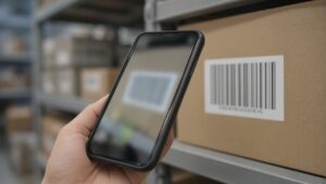 Phone camera scanning a product barcode on a warehouse box