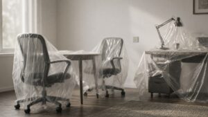 Office chairs and table still wrapped in unused plastic dust covers