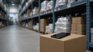 Smartphone on a cardboard box in a warehouse aisle during a stocktake