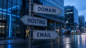 Cool blue urban street corner with three street signs pointing Domain, Hosting, and Email in different directions, keys hanging from one post — metaphor for split DNS, hosting, and email ownership.