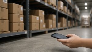 Hand holding a phone in a warehouse aisle during a stocktake