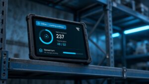 Cool cyan-toned handheld tablet on a metal shelf edge showing an offline stocktake status — metaphor for warehouse counting that continues when Wi-Fi drops.