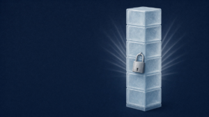 A stack of ice-blue glass blocks on a midnight-navy background with a small closed silver padlock on the front.