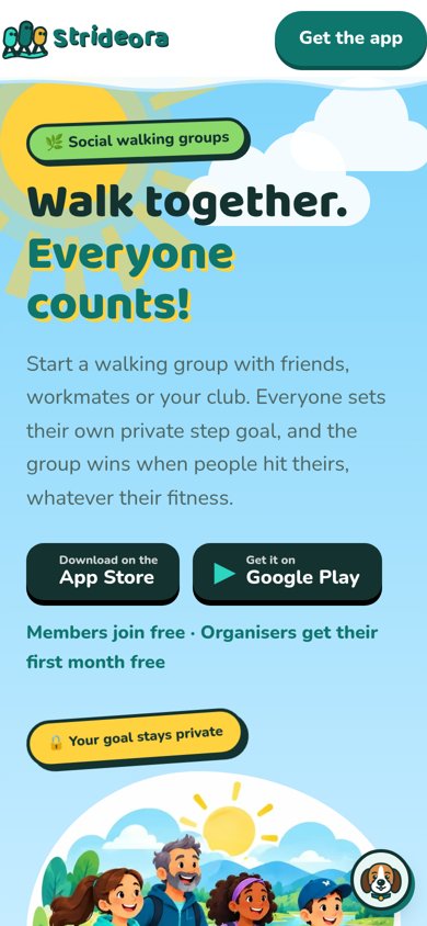 Strideora.app homepage on a mobile phone