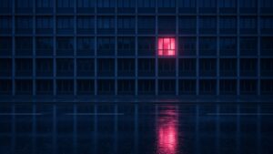 A night-time apartment block with a grid of identical dark blue windows and a single window glowing electric coral-magenta, its light reflected as one streak on the wet street below.