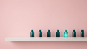 A row of teal glass bottles on a shelf against a blush-pink wall, with a few removed and one glowing aqua.
